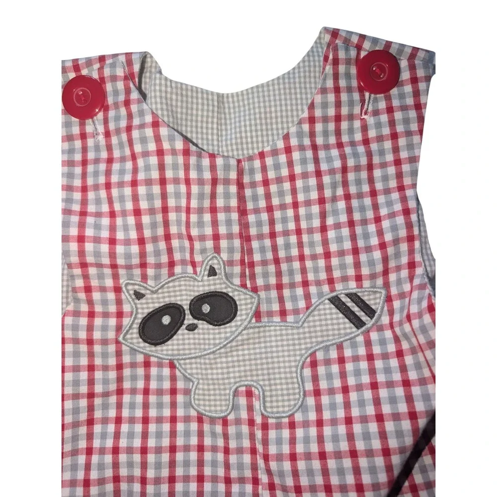 Le' Za Me Baby Boys Red Gingham Raccoon Applique Longall Romper Smocked 12M